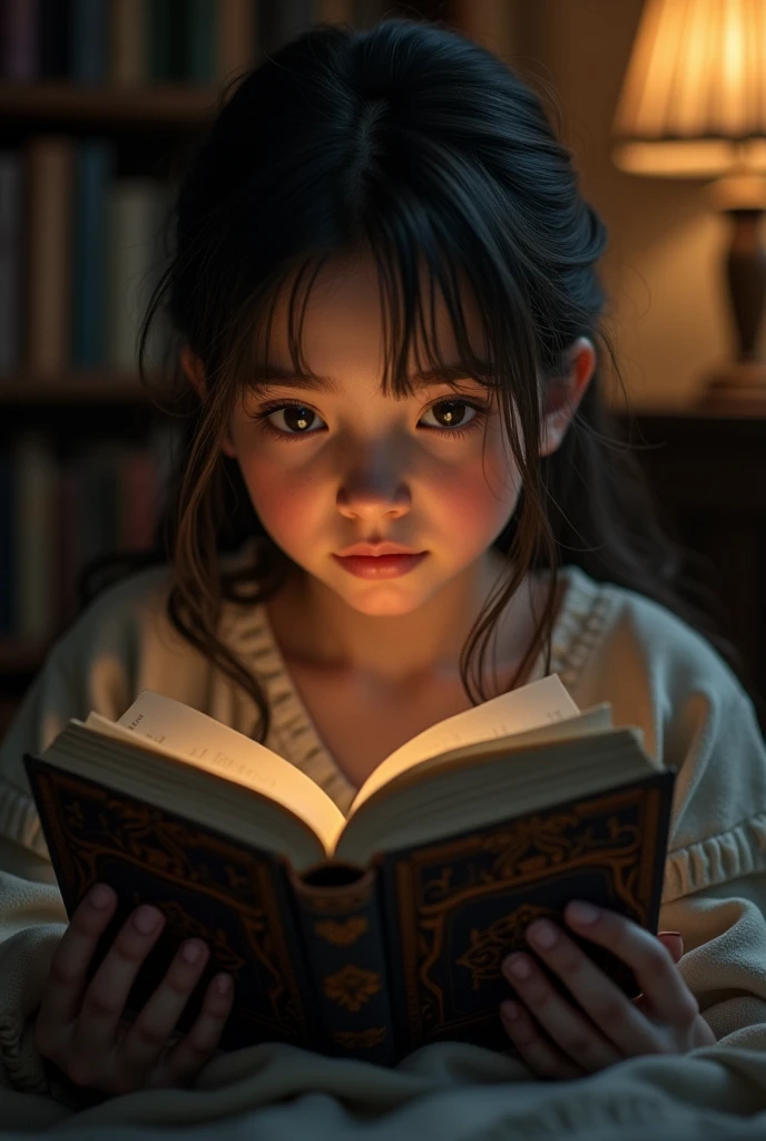 in an American shot, draw a girl closing a book