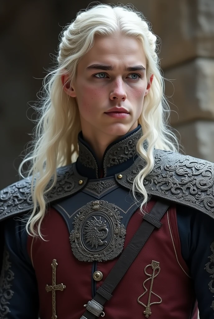 Dans l'univers de *Game of Thrones*, un jeune homme Targaryen se distingue par l'aura légendaire qui entoure sa maison. Imaginez un homme d'une beauté presque divine, digne des légendes. Ses longs cheveux blancs argentés, typiques de la lignée des Targaryens, tombent en cascade sur ses épaules, soyeux et brillants sous la lumière, semblables à un manteau de pure lumière. Ses yeux, d'un violet profond ou d'un bleu glacial (selon les variantes connues dans la famille), captivent immédiatement ceux qui les croisent, remplis d'une intensité mystérieuse et d'une force ancestrale.

Sa peau est pâle, douce et éclatante, contrastant magnifiquement avec ses cheveux immaculés. Sa beauté est comparable à celle d'Apollon, le dieu grec de la jeunesse et de la lumière. Son visage est finement ciselé, avec des pommettes hautes, un nez droit et une mâchoire forte, témoignant de son héritage royal. Ses lèvres sont pleines, souvent figées dans une expression calme, presque méditative, bien qu'elles puissent sourire avec une chaleur inattendue qui illumine son visage entier.

Grand et élancé, son corps est celui d'un guerrier-né. Ses muscles sont bien définis, sculptés par des années d'entraînement martial, mais sans lourdeur. Chaque mouvement qu'il fait est empreint de grâce naturelle, comme s'il était toujours conscient de sa stature royale. Ses épaules sont larges, son torse puissant, et sa silhouette est impeccablement proportionnée.

Vêtu souvent de tissus somptueux – de riches tuniques noires et rouges, brodées de motifs draconiques en or et argent – il incarne l'élégance et la puissance. Sur son dos, une épée à la garde ornée de dragons, peut-être en acier valyrien, rappelant à tous qu'il est un guerrier aussi bien qu'un roi potentiel.

Ce jeune homme Targaryen respire la noblesse et la fierté, portant en lui le poids des siècles de conquêtes et de tragédies de sa famille, mais aussi l'éclat indomptable de son destin à venir.