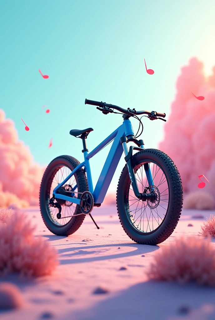 Unreal image of a manual mountain bike style bike in blue, the background with pastel colors, musical notes