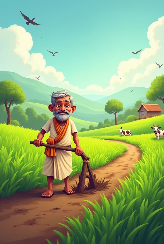 Create cartoon staly "1. **Ramu Working in the Fields:** A simple, hardworking farmer named Ramu, wearing traditional Indian clothes, plowing his field in a small rural village under the bright morning sun with lush green fields in the background.