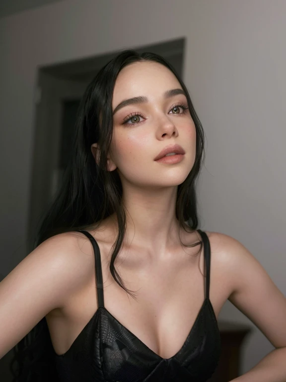 arafed woman in a black dress posing for a picture, sultry look, face like ester exposito, style of julia razumova, sultry smirk, daisy ridley, gorgeous kacey rohl, intense smoldering, profile pic, emilia clarke, inspired by Emma Andijewska, by Emma Andijewska