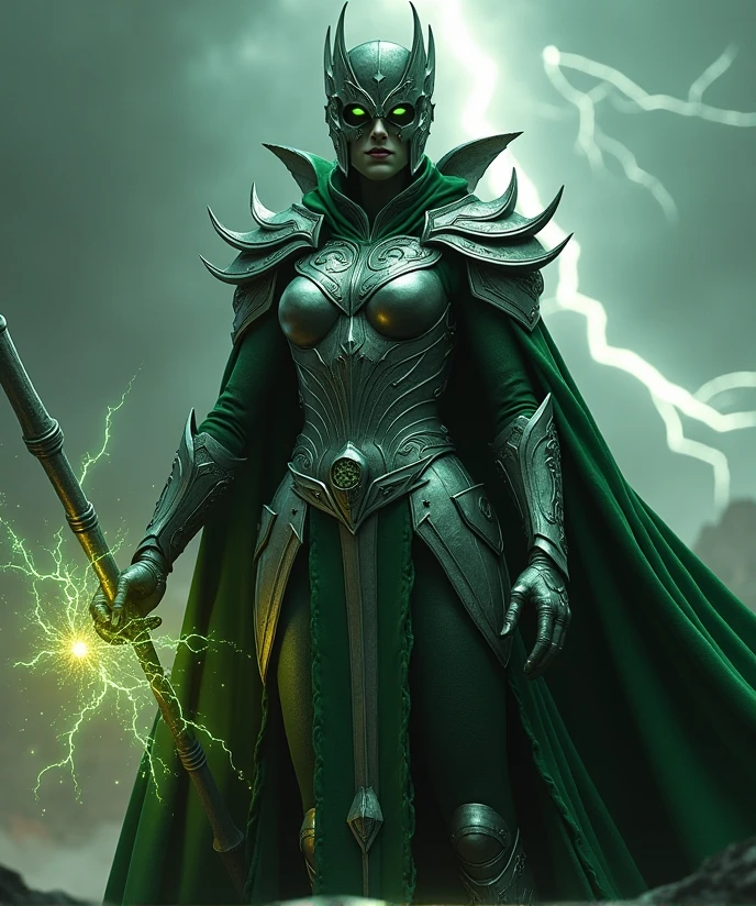 A fierce and commanding female figure stands tall, adorned in dark green, metallic silver armor intricately designed with Latverian symbols. The armor is both regal and menacing, with sharp edges and detailed engravings that reflect her authority. A long, flowing green cloak billows behind her, tattered at the ends, adding an air of mystery and power. Her face is partially hidden behind a detailed, angular metal mask, revealing only her piercing, glowing eyes that radiate intellect and dark mystic energy. In her hand, she wields a glowing arcane staff or artifact, crackling with dark energy, symbolizing her mastery over both science and sorcery. The background is a stormy, ominous landscape with flashes of lightning illuminating the sky, creating an epic, gothic atmosphere. The scene is rich in detail, with textures on the armor, cloak, and environment meticulously rendered to convey her imposing presence and power as the ruler of Latveria.