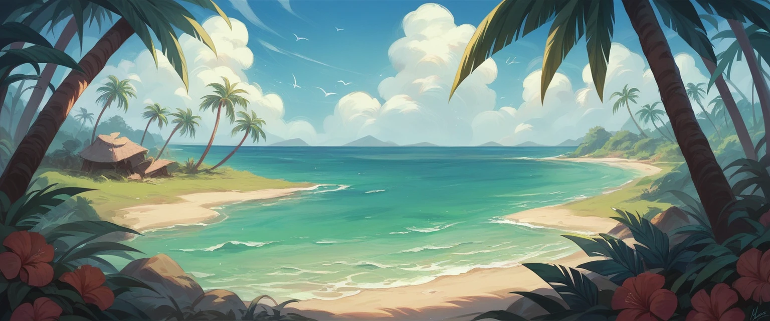 create a stunning painting of a beautiful lagoon. Wonderful turquoise water. Lots of palm trees and a breathtaking jungle around the water. The lagoon opens onto a sandy beach and an open sea.
