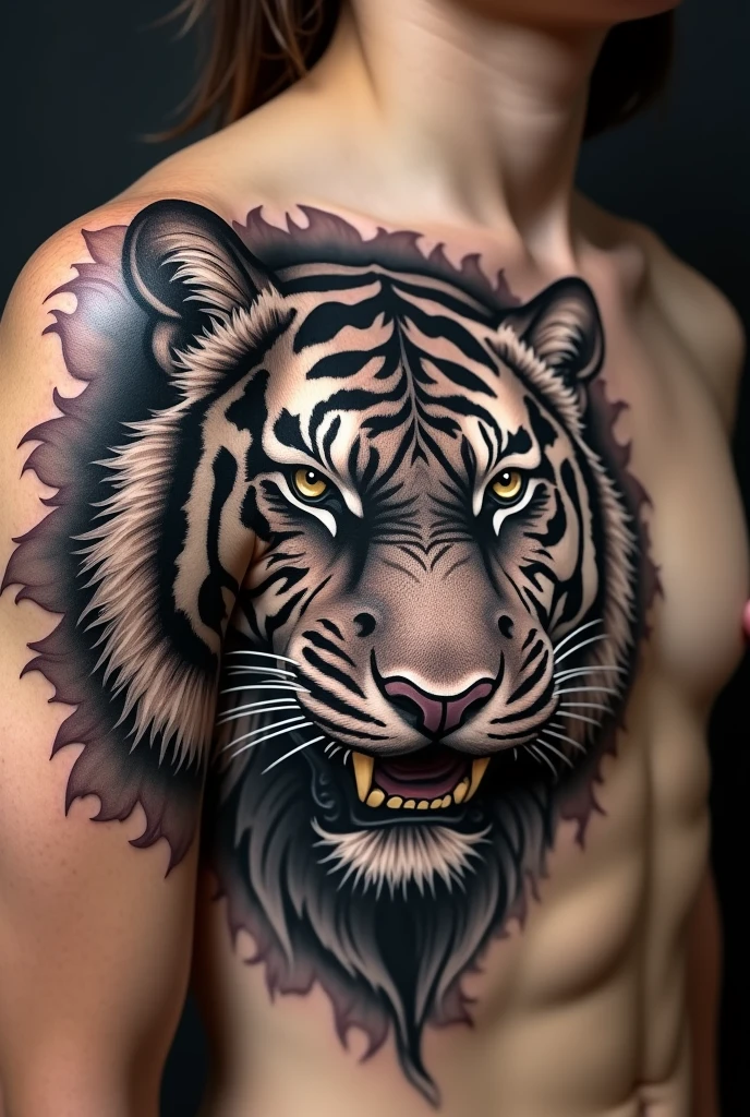You are an expert tattoo artist and you will create a tattoo on the chest that matches the face of a tiger, The tattoo is blackwork, The tattoo should only be on one side of the chest, joining the shoulder and following the flow of BLACKWORK, generates another tattoo a little smaller