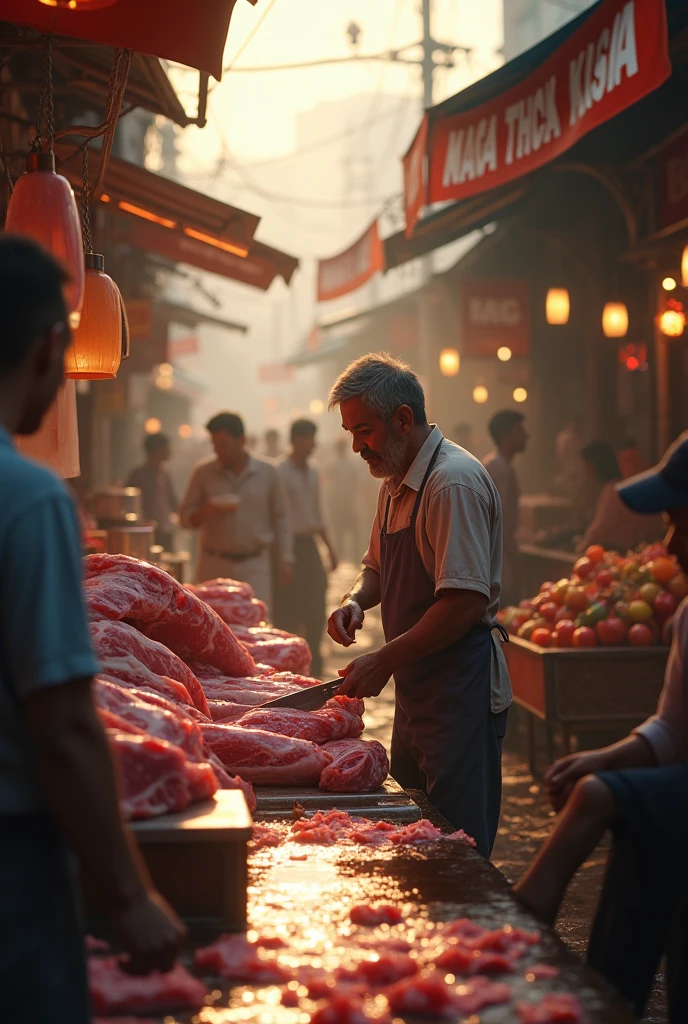 (Photorealism 1.2) high detailed definition cinematic cinematography malay male butcher CUTTING meat in the market many customers situation in the market in the morning sunlight wet floor wearing approx