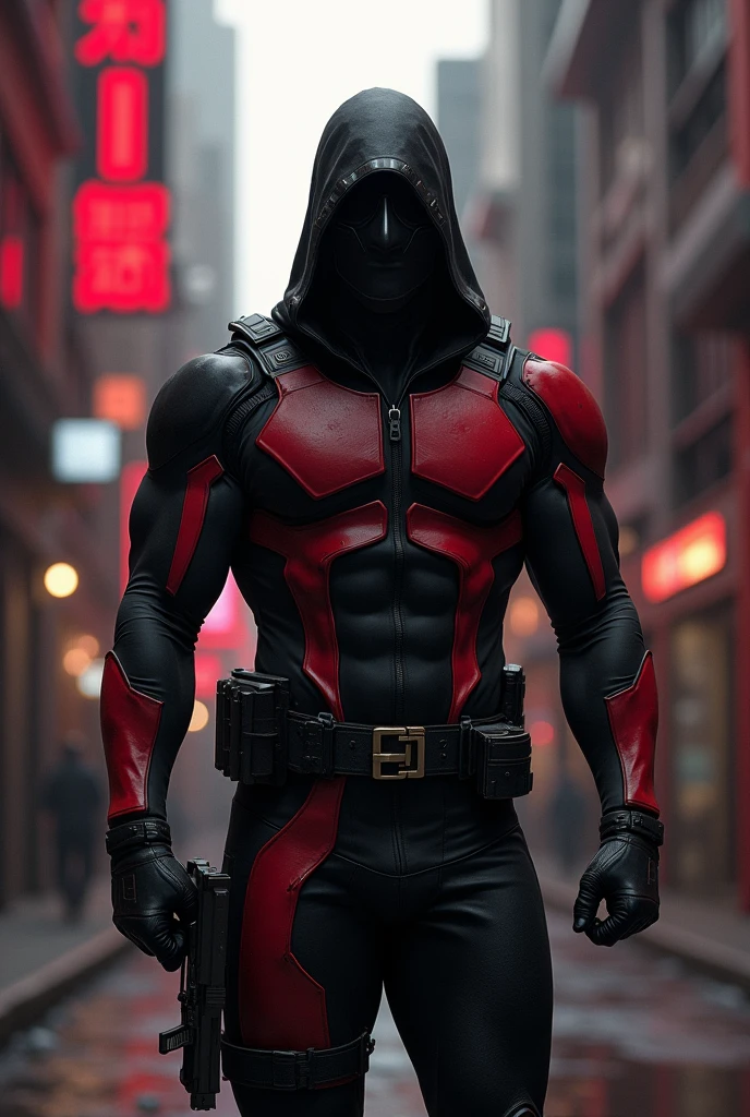 A mercenary anti-hero in a black and red uniform, in the uniform they have a mask