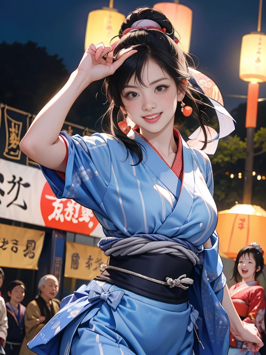 (Japan Bon Odori,最高masterpiece,Highest quality), Hot August,In the park square,(They dance in a circle around a stage decorated with lanterns.),Bright vibrant anime art,People of all ages and genders dance and dance, Dancing in yukata,Laughing and dancing, Showing white teeth,Men and women dance in a circle, masterpiece,Highest quality,High resolution,