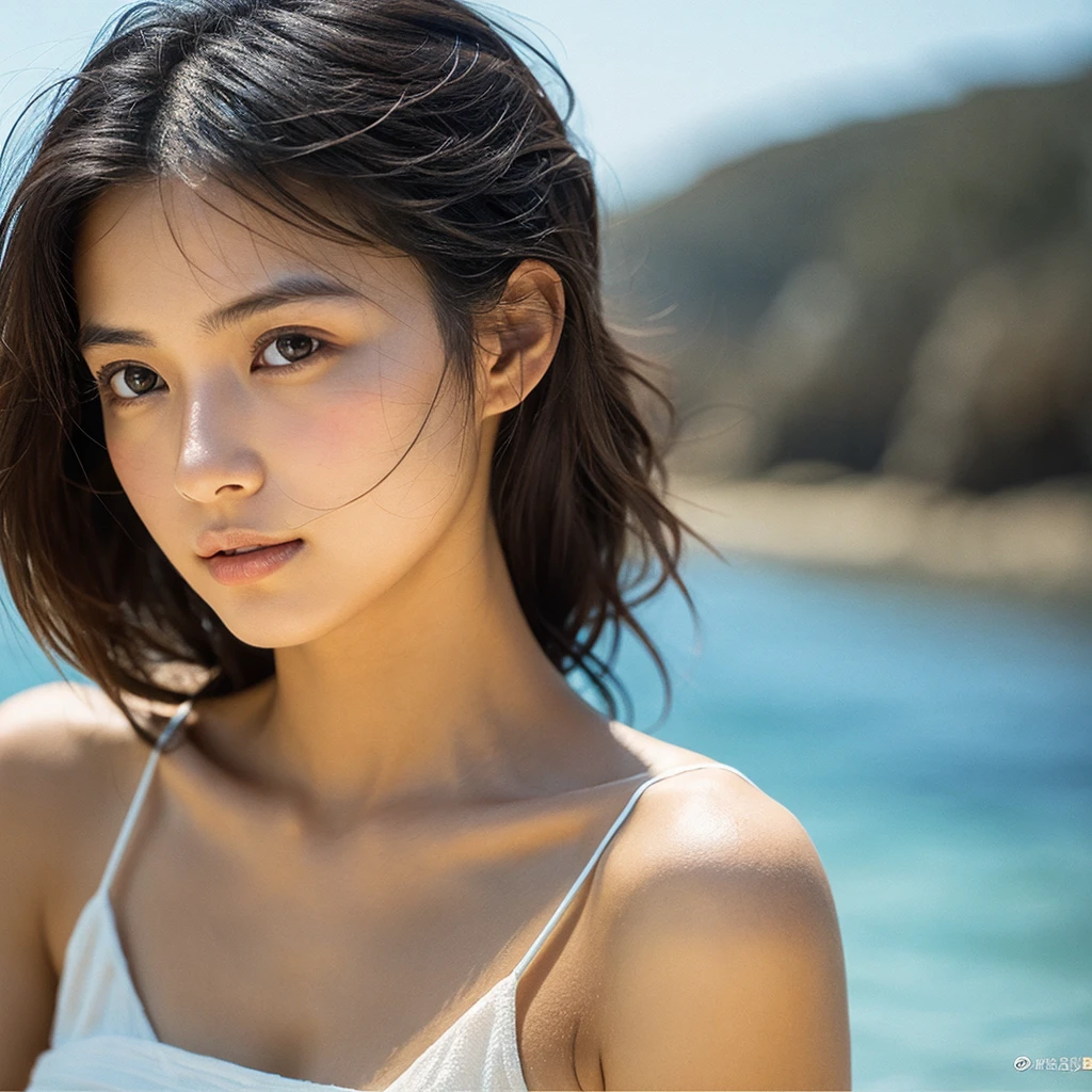 A hyper-realistic image of a single Japanese woman in her early 20s, captured with the nostalgic warmth and pronounced graininess of a film camera, showing her from the shoulders up as she stands on a sunlit beach. Her skin has a warm beige tone with a natural, visibly rough texture that includes pronounced pores, fine lines, and subtle imperfections such as small blemishes, slight unevenness, and a hint of sun exposure, contributing to the authenticity of her appearance. The texture of her skin is intentionally less smooth, with a tangible roughness that enhances the realism, making the surface appear slightly weathered by the elements. The soft, diffused natural light illuminates her face and shoulders with a gentle touch, casting shadows that subtly reveal the unevenness of her skin. Her straight, glossy black hair flows naturally in the ocean breeze, framing her face, and her deep brown eyes reflect the soft sunlight and the shimmering sea. The film camera effect amplifies the grain and texture, creating a warm, nostalgic atmosphere while maintaining the deliberately rougher, less polished texture of her skin. The composition, focused on her upper body, captures the serene elegance of the beach setting, highlighting the natural interaction of light and shadow on her skin. This combination of a rough, realistic skin texture, soft natural light, and the grainy film-like qualities ensures that the image presents an authentic, lifelike portrayal of the woman, centered on her face and shoulders.