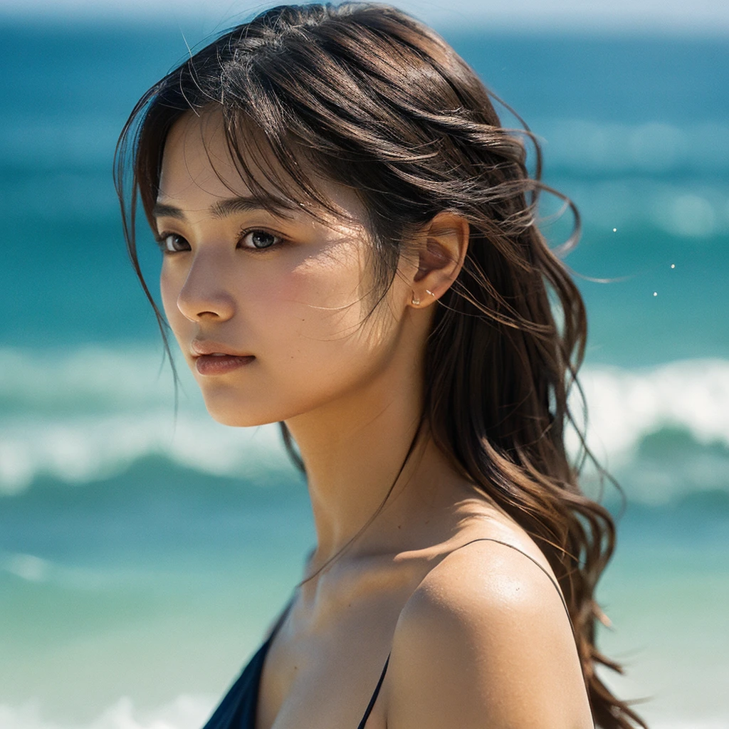 A hyper-realistic image of a single Japanese woman in her early 20s, captured with the nostalgic warmth and pronounced graininess of a film camera, showing her from the shoulders up as she stands on a sunlit beach. Her skin has a warm beige tone with a natural, visibly rough texture that includes pronounced pores, fine lines, and subtle imperfections such as small blemishes, slight unevenness, and a hint of sun exposure, contributing to the authenticity of her appearance. The texture of her skin is intentionally less smooth, with a tangible roughness that enhances the realism, making the surface appear slightly weathered by the elements. The soft, diffused natural light illuminates her face and shoulders with a gentle touch, casting shadows that subtly reveal the unevenness of her skin. Her straight, glossy black hair flows naturally in the ocean breeze, framing her face, and her deep brown eyes reflect the soft sunlight and the shimmering sea. The film camera effect amplifies the grain and texture, creating a warm, nostalgic atmosphere while maintaining the deliberately rougher, less polished texture of her skin. The composition, focused on her upper body, captures the serene elegance of the beach setting, highlighting the natural interaction of light and shadow on her skin. This combination of a rough, realistic skin texture, soft natural light, and the grainy film-like qualities ensures that the image presents an authentic, lifelike portrayal of the woman, centered on her face and shoulders.