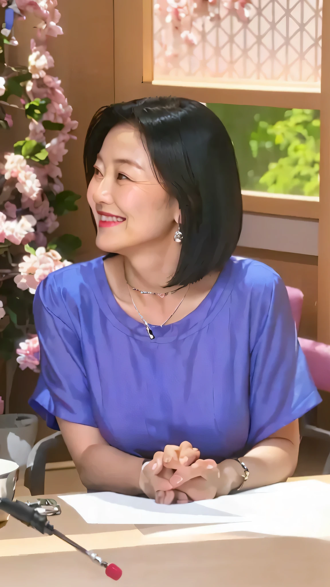 A middle-aged Japanese woman wearing a blue silk short-sleeved blouse is sitting with her hands folded on the table,A beautiful profile of a woman smiling with a voluptuous figure, looking to the side,Wrinkles in clothes that reveal the shapely fullness of breasts,Silver Watch,necklace,bracelet,Teacups on the table.Indicator stick.The documents are placed,Raw photo, Highest quality), (Realistic, photo-Realistic:1.2),Fine skin:1.4), Puffy eyes, Gorgeous Hair), Indoors, Portraiture, Black Hair,