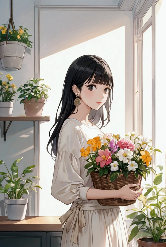 Woman in light-colored casual clothing, holding a basket of flowers in her hands. chic, Soft atmosphere. Soft Light. There are many potted plants and colorful flowers in the background.Shortcuts, bangs, Black Hair, ribbon, Earrings,