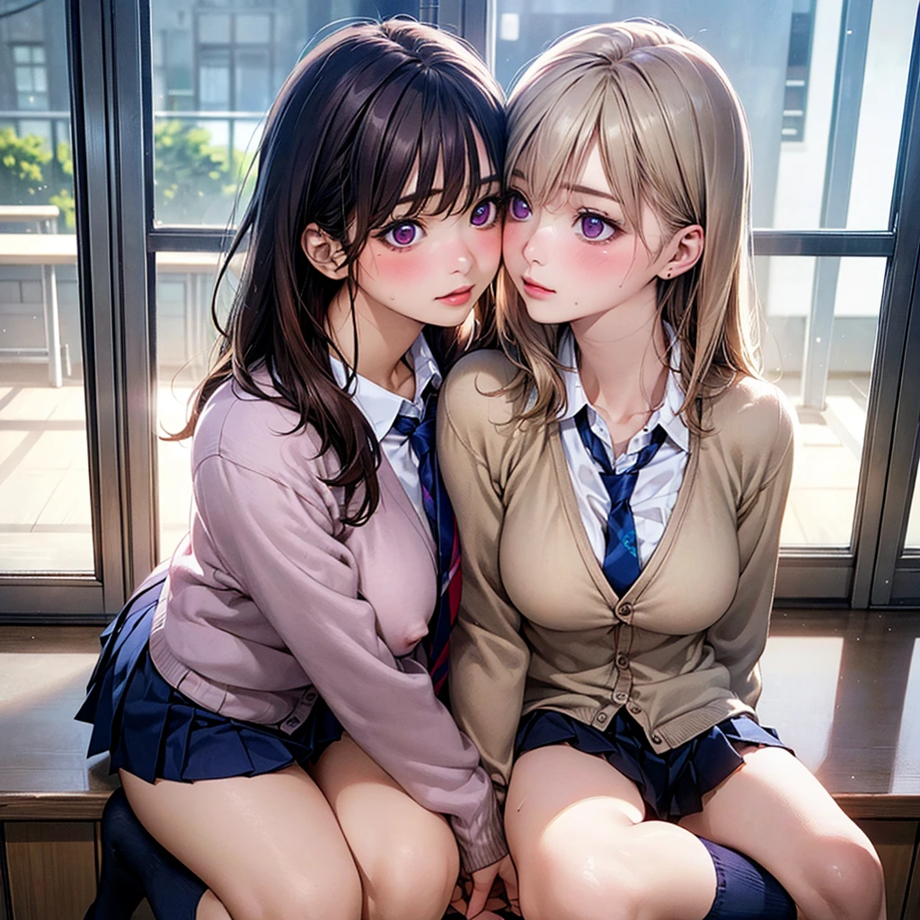 Connected saliva,kiss,Female couple.Hug each other strongly、Lesbian,Girl Love Art, Side milk,caress,kiss,(masterpiece:1.2, Highest quality), (Realistic, photoRealistic:1.4), Beautiful illustrations, (Natural Side Lighting, Cinema Lighting), Browsing Caution, Two people gazing into each other's eyes, Love each other, 2 people, Japanese, high School girl, Perfect Face, Cute and symmetrical face, Glowing Skin, slimy skin,
(Long Hair:1.8, Straight hair:1.7, Light blonde), Asymmetrical bangs, Purple eyes, (Large Breasts:1.1, Thick thighs),
Beautiful Hair, Beautiful Face, Beautiful attention to detail, Beautiful clavicle, Beautiful body, Beautiful breasts, Beautiful thighs, Beautiful feet, Beautiful fingers,
((Light blue collared shirt, Navy pleated mini skirt, socks, Navy tie, Light brown cardigan)), Clothes that are transparent due to sweat、Pink Panties,
(Beautiful views), evening, School, classroom, (Ahegao, Upward glance), Erect nipples,bottomless