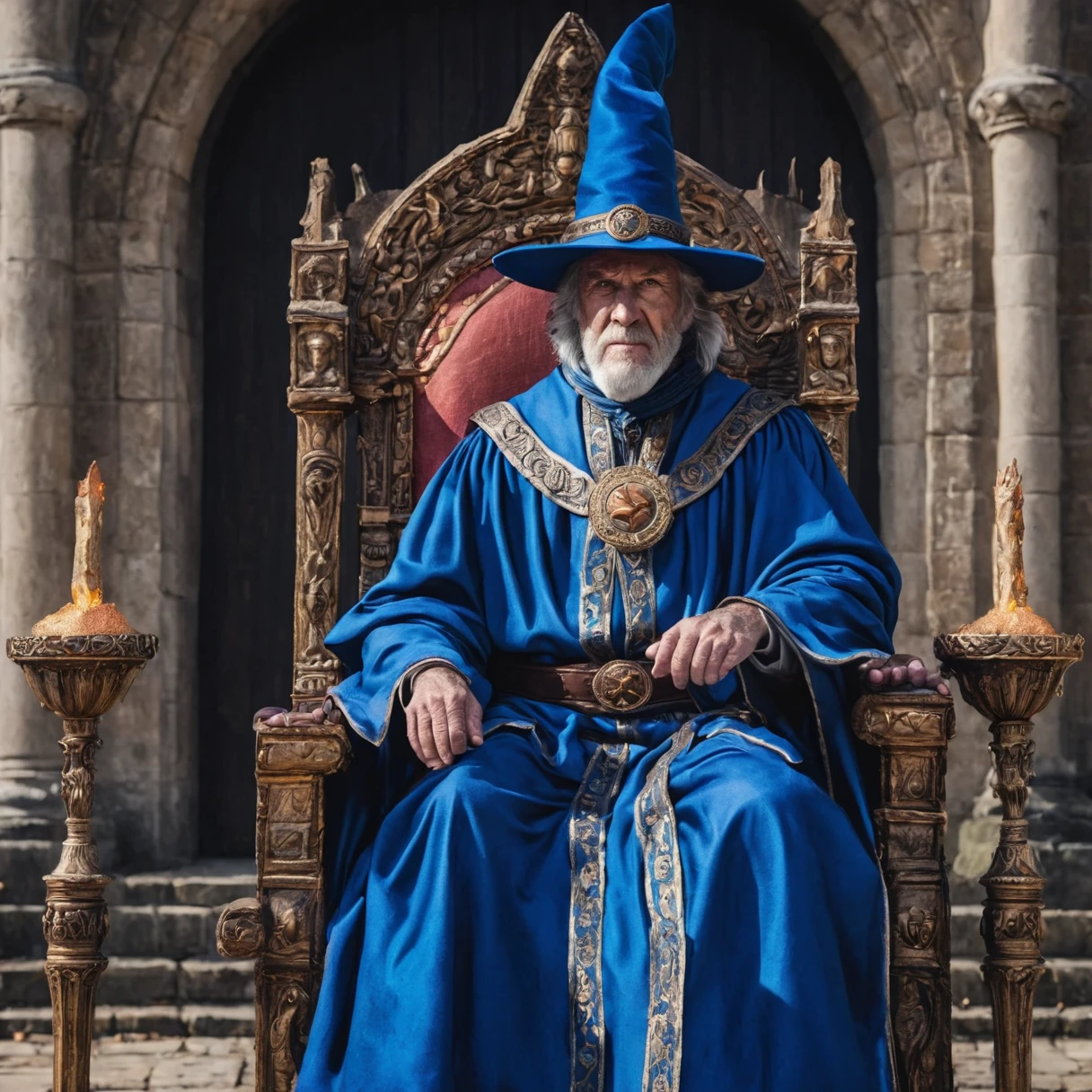 A man dressed as a sorcerer, with his hat and blue cape, sitting on a spectacular throne, carrying a wooden scepter in his right hand, has an imposing look.