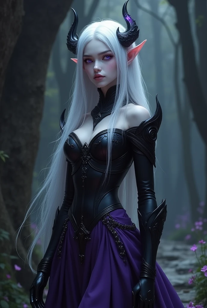 Beautiful drow girl, white hair, black armor, purple eyes, purple skirt. 