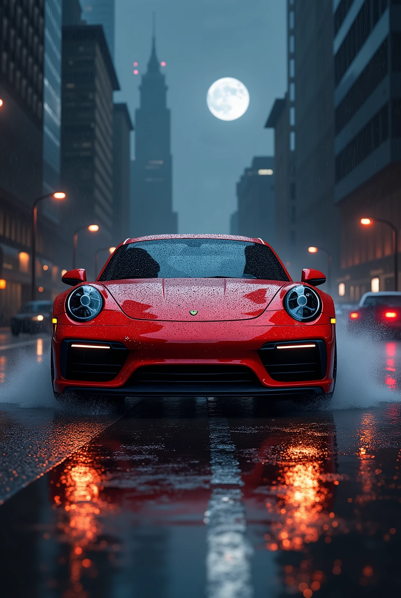 Creates an image of a red Porsche 911 car on a road at rainy night