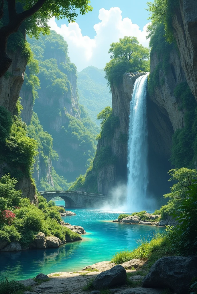 Landscape with waterfall or well