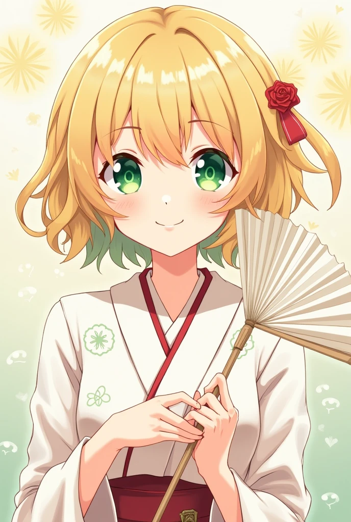 Anime Hair: short eyes: Green Hair Color: Rubio DRESS:Japan haori Color of clothing: white,with soles Accessories: fan 