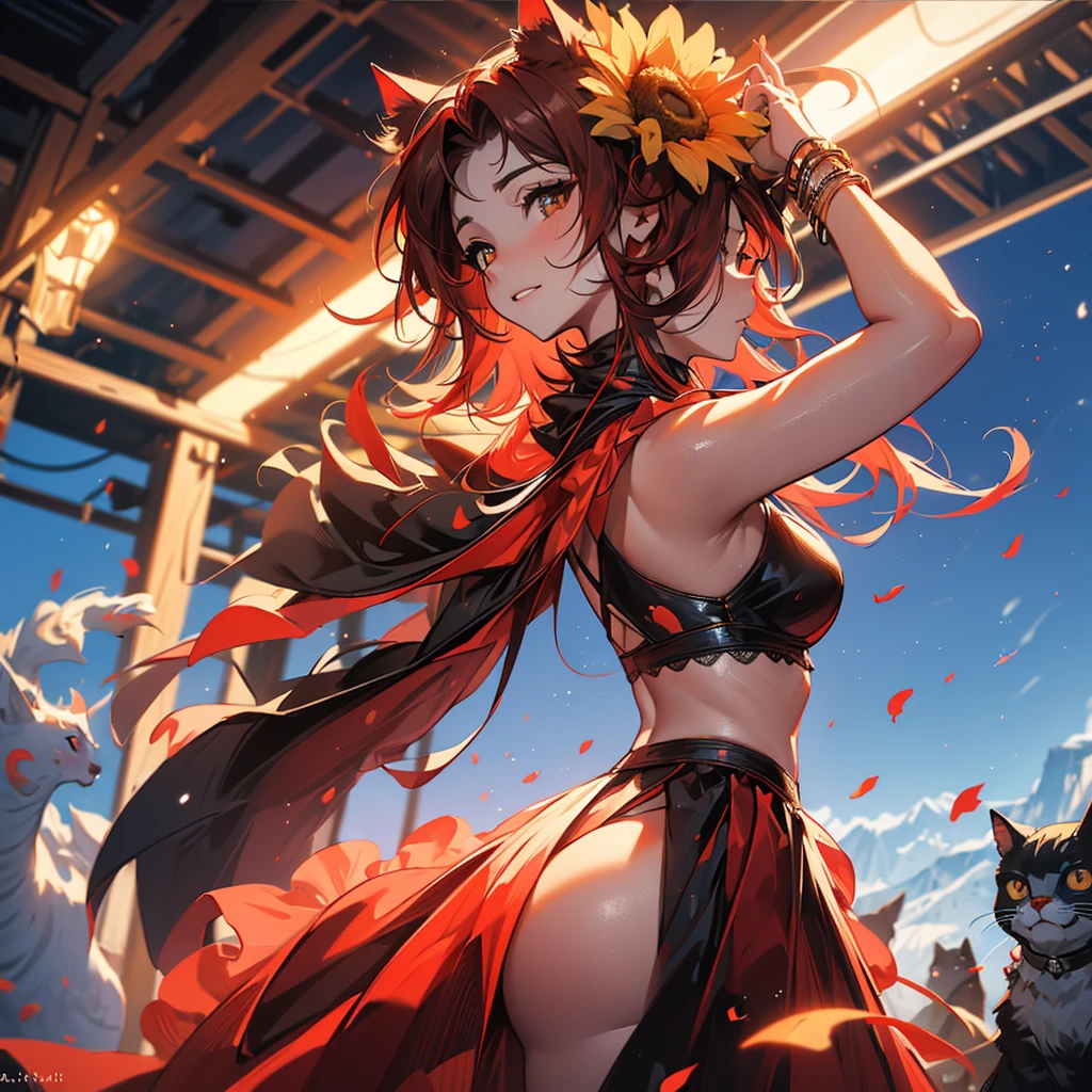 highly offtalhado, 8k, obra off arte, 1 girl, Red tied_body hair, don , nuts_ssmile, (perfect_Face), offtalhado_fund, full-featured_cos, blossom,(beautiful lighting:1.3), caustics, dynamic lighting, off_down (((on the mountain peak watching the horizon, com um por off sol vermelho))), a single sunflower in the corner, BIG ASS, thick muscle body, cat ears, long hair