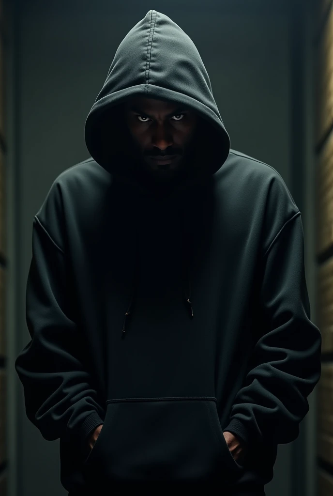 Hooded man in black sweatshirt with brown eyes covering his entire face