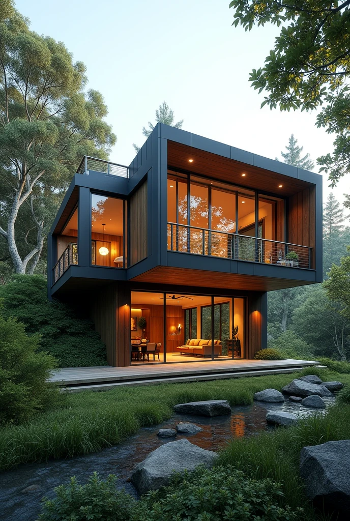 An L-shaped house with lots of windows