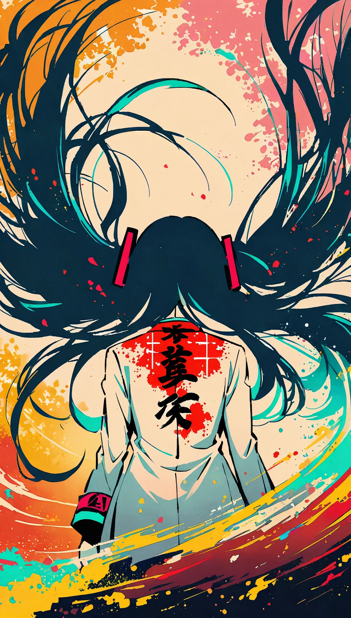 illustration, glitch art, Digital noise, hatsune miku, Deep and charming eyes, super detailed, Hatsune Miku wearing a white suit, American comic style, amazing moment，The girl in red, Back focus, flowing long black hair, Chinese painting, ink style. Four seasons, visual effects, Warm colors, Distortion-free composition, romantic, Smooth lines, flat canvas, HD textures, visual warmth, and tranquility.