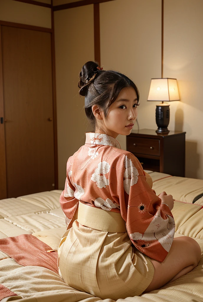 a beautiful japanese woman wearing a traditional kimono, sitting on a bed in a private room, with her thick bun hairstyle and back facing the camera