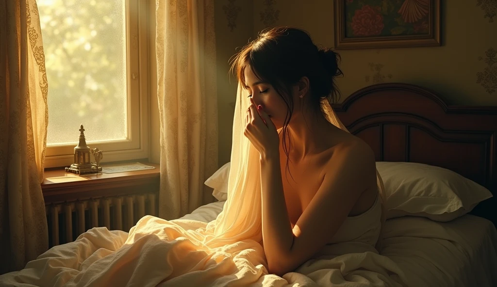 hidden behind the face bule background, window with sunlight, cozy room, relaxed pose, realistic, intricate details, warm colors, by Greg Rutkowski, by Alphonse Mucha