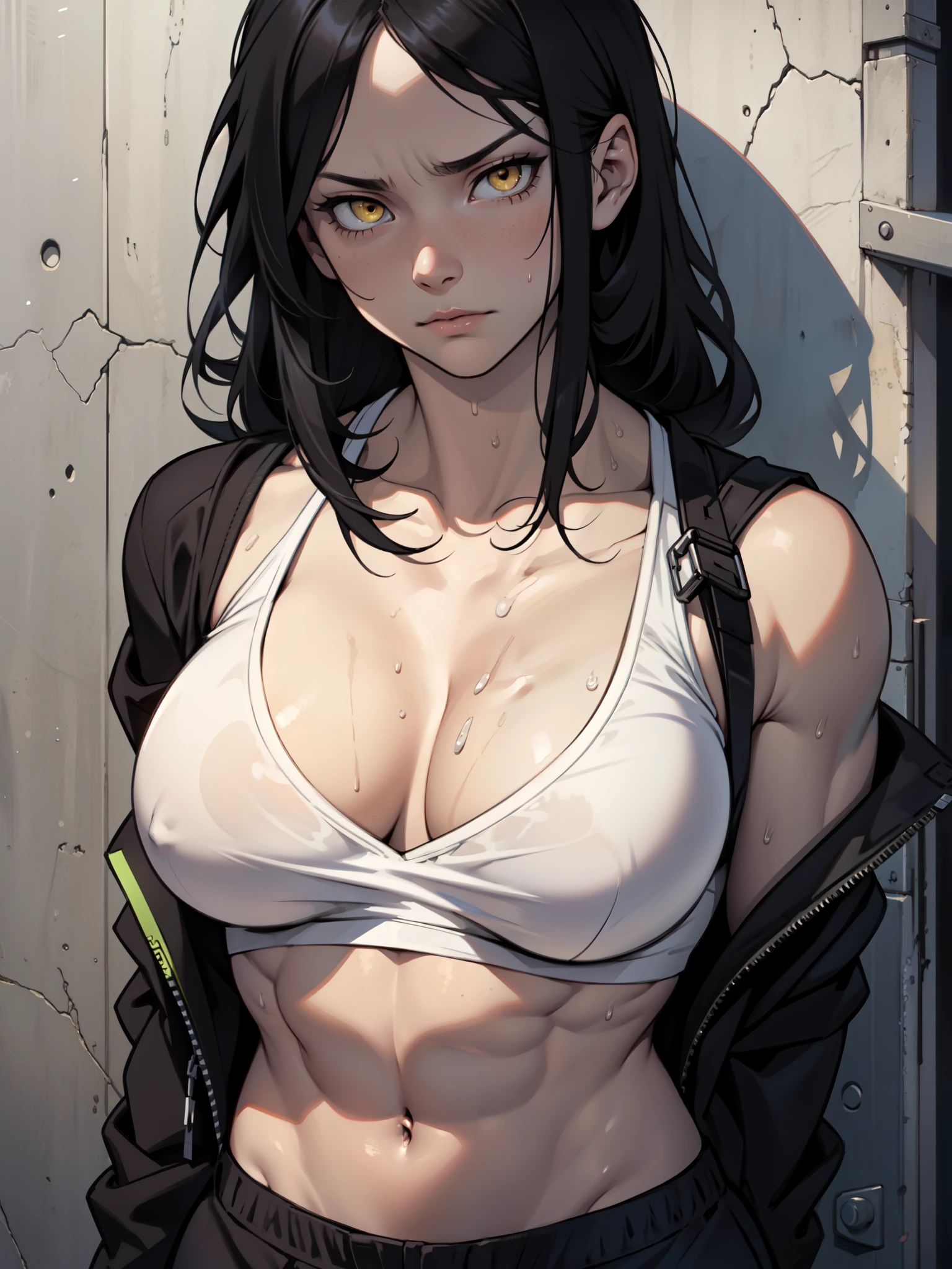 long abdomen muscular girl big breasts pale skin black hair yellow eyes cleavage serious sad sweaty