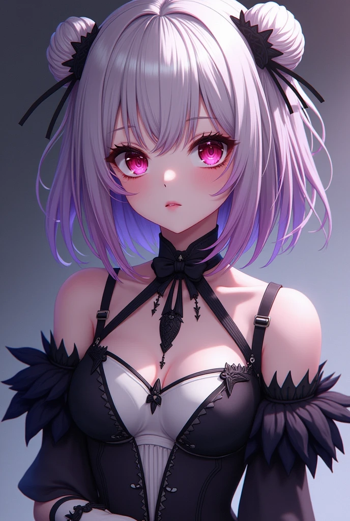 Girl with white hair that fades to purple with short hair with two buns as a hairstyle on the top of her head and the rest of her hair loose. Her eyes are wine-colored with pink with the clothes of 2b from Nier Automata, black dress with white details. A mole under her right eye, short black dress., which is decorated with black feathers on the sleeves and white gloves with black finishes and other accessories that allude to lolita fashion Under her skirt, She wears a white leotard