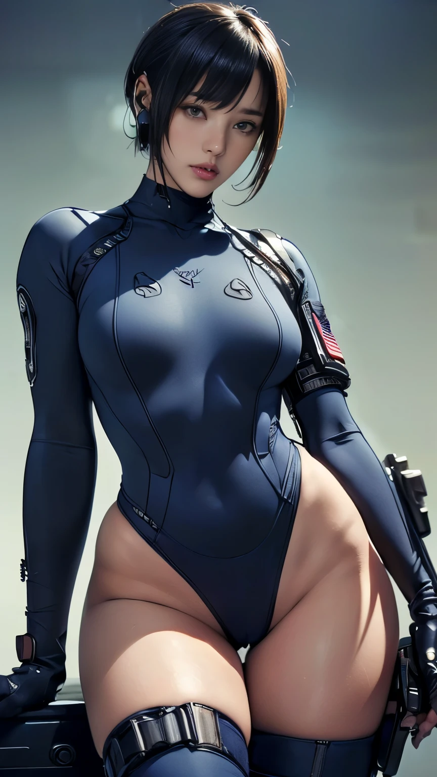(A woman),(((A female member of the Future Force rides a motorcycle))),((Navy blue tactical high leg bodysuit:1.5)),((earphone:1.5)),((Tactical Holster:1.5)),(Gloves:1.5),(Serious:1.5),(Super short hair:1.5),(bionde:1.5),(beautiful eyes:1.3),(Very detailedな顔:1.5),((Very detailed drawing of a female hand:1.5)),((muscular:1.5)),(Sexy appearance:1.5),((Thick thighs:1.5)),(Beautiful Body:1.5),((Very sensual:1.5)),(Background is hanger:1.5),(Cyberpunk atmosphere:1.5),(((Blurred Background:1.5))),(Written border depth:1.5),rest(((masterpiece:1.5),(best quality:1.5),(Very detailed:1.5),(high resolution:1.5),(Practical:1.5),(Practical:1.5),(Delicate depiction),(Carefully drawn))),8k,wallpaper