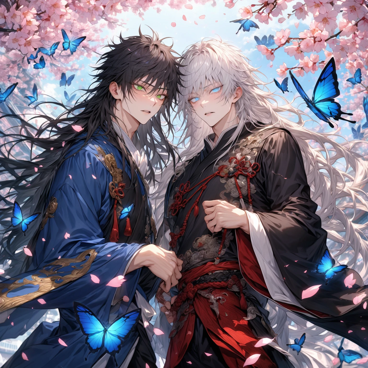 absurdres, highres, ultra detailed, HDR, master piece, Gojou Satoru, white hair with bangs, long hair, white eyelashes, expressive blue eyes, red and black Chinese robes, Fushiguro Megumi, long hair, black hair, expressive green eyes, blue Chinese robes, Jujutsu Kaisen, accessories, two sexy man together, handsome, best quality, fantasy, magical, solo, sensual, blue butterflies, cherry blossoms, pink petals, blue sky, manly man, glittering