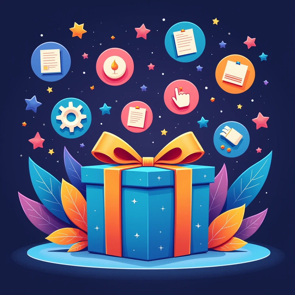 An illustration in vibrant, colorful tones, showing a digital gift package being untied in the center of the image. The package is large and eye-catching, with a rope or ribbon coming loose, suggesting the opening of the gifts inside.
As you leave the package, colorful and varied icons begin to emerge, each representing one of the bonuses offered by the course. There are:
* A gear for “AI Tool Guide”, which turns smoothly, suggesting easy and intuitive accessibility.
* A clipboard for “Ready Prompt Templates”, which is marked with colored paint, indicating the creativity and fun to be found inside.
* A canvas for “Image Creation with AI”, which glows softly, suggesting the ability to create something new and exciting.
The icons begin to move and dance around the package, giving the feeling that the course offers a valuable and complete set of resources. The color of the icons is vibrant and eye-catching, with shades of blue and orange standing out against the background.
The composition should have a sense of movement and energy, with the icons creating a natural and attractive flow to the digital gift pack. The package should be highlighted in the center of the image, drawing the person's attention to the bonuses offered by the course.