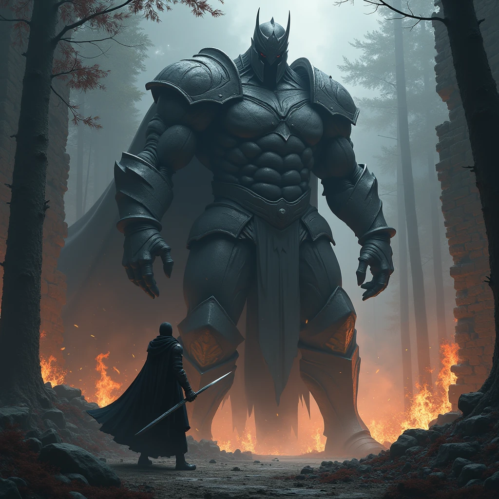 make a warrior like 1.65 meters high, managing to decapitate a  King.10 meters tall black armor, It&#39;s a very epic battle with a lot of fire in a dark forest with a scary kingdom., but a wall that defended it destroyed, the wall is huge