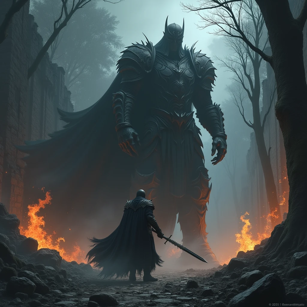 make a warrior like 1.65 meters high, managing to decapitate a King.10 meters tall black armor, It's a very epic battle with a lot of fire in a dark forest with a scary kingdom., but a wall that defended it destroyed, the wall is huge
