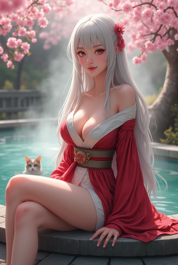 1 girl（masterpiece，top quality，best quality，official art，Beauty and aesthetics：1.2），silky smooth white hair，brown sparkling eyes，long hair，flower in hair, tall figure，enchanted，enchanting，Flushed complexion, playful expression, super gigantic breasts，Breasts larger than the head，Red and white kimono, clogs，Off the shoulders，detailed cleavage，perfect lighting on cleavage, Sitting on the stone steps by the water of a hot spring, steam over the water, thigh exposed, small orange tabby cat passing by behind her, soft hands, defined nails, white eye lashes, Cherry blossoms are in bloom,