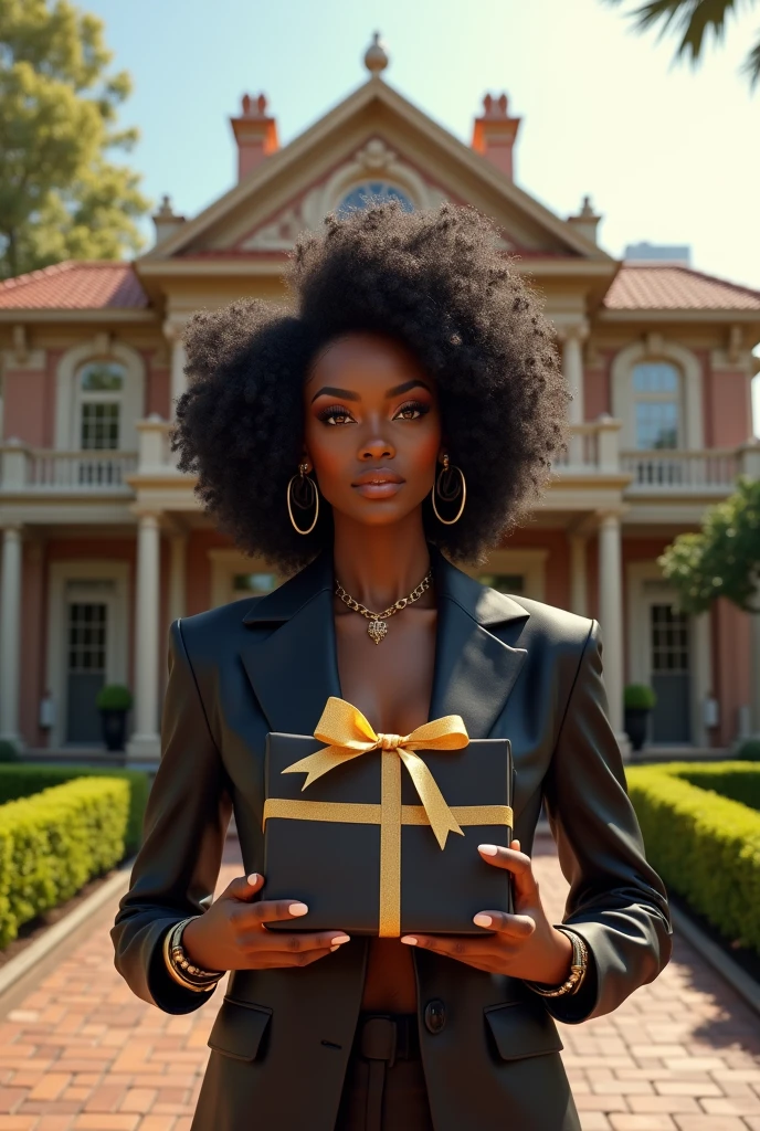 With gift bags in her hands, Generate of image of a black beautiful lady with luxury wig standing infront of a big mansion in the city