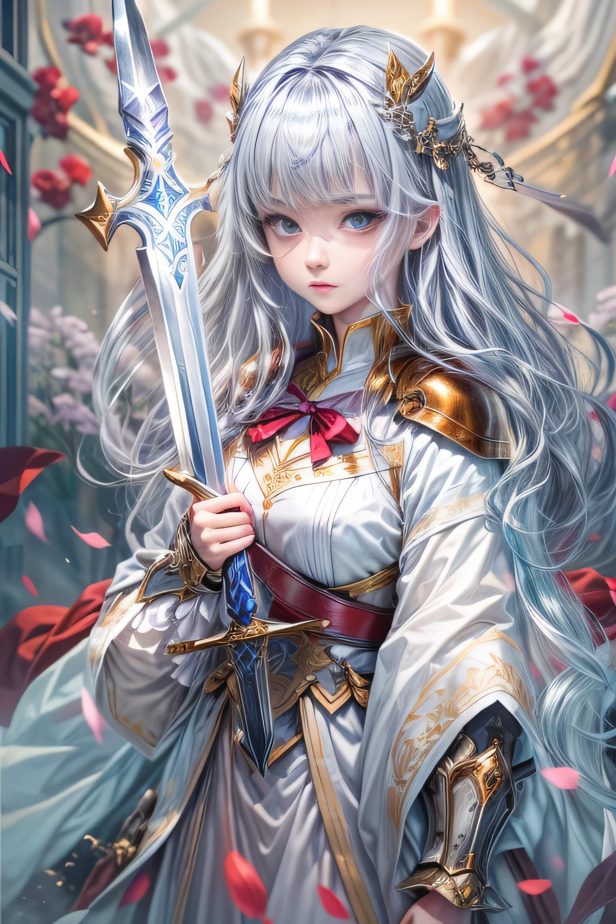 A female knight recognized by the legendary holy sword Excalibur、With the protection of the spirit of light, it emits an aura of light.、8k.Half Russian and half Japanese、Russian face、beautiful girl、princess、、Small face、Young face、Big eyes、Skinny、Small breasts、（（（Silver Hair、Silver Hair）））、With bangs、（（（High resolution big beautiful light blue glowing eyes, ）））、Shortcuts、Bobcut、（（Sailor suit））、（（（Red ribbon in hair、Floral decoration）））、Partially braided、Red bow tie、Transforms into an armored knight at the call of the holy sword Excalibur.、Large sword、A holy sword that emits a pale blue light、（（god々He holds up his sword, shining a deep blue, to the sky.））、god々A sword that shines brilliantly、fantasy landscape、Fantasy、Battle with the Dark Knight