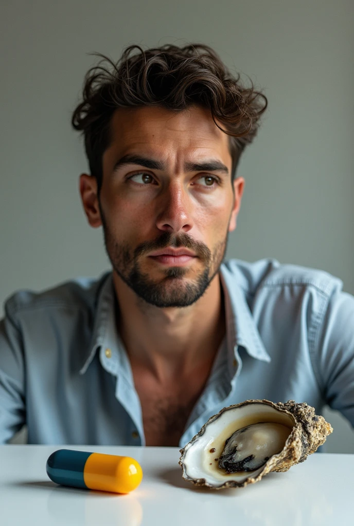 Highlighting the pill and the oyster with a man thinking