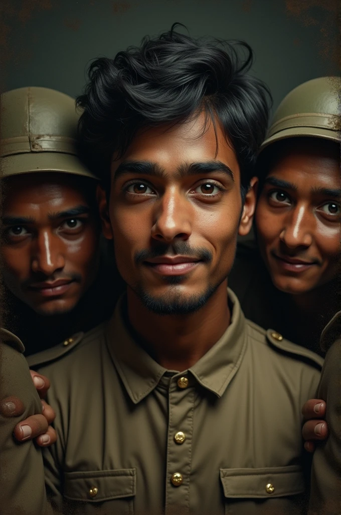 A close-up of Khudiram's smiling face, with the British soldiers looking confused, wondering why he seems so relaxed even in captivity. Historical images looks realistic