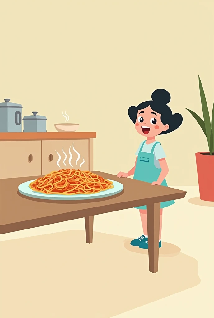 Draw a simple kitchen with a table and a plate of pasta or pizza on the table. The girl, nina, It has a simple design with a light blue dress and a circle for the head.. She is standing next to the table with an excited expression.. The style should be similar to that of the Powerpuff Girls, with clean lines and solid colors.