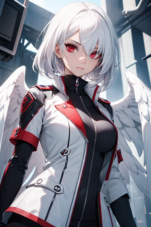 create a female protagonist with white hair and red eyes named Angel