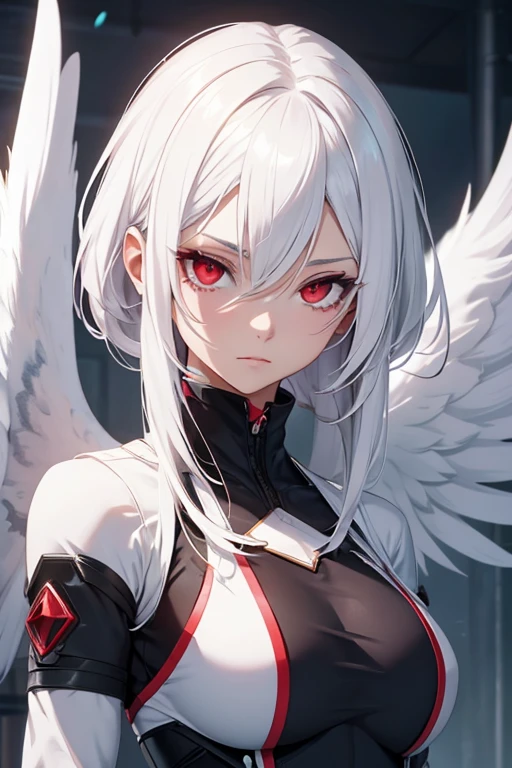 create a female protagonist with white hair and red eyes named Angel