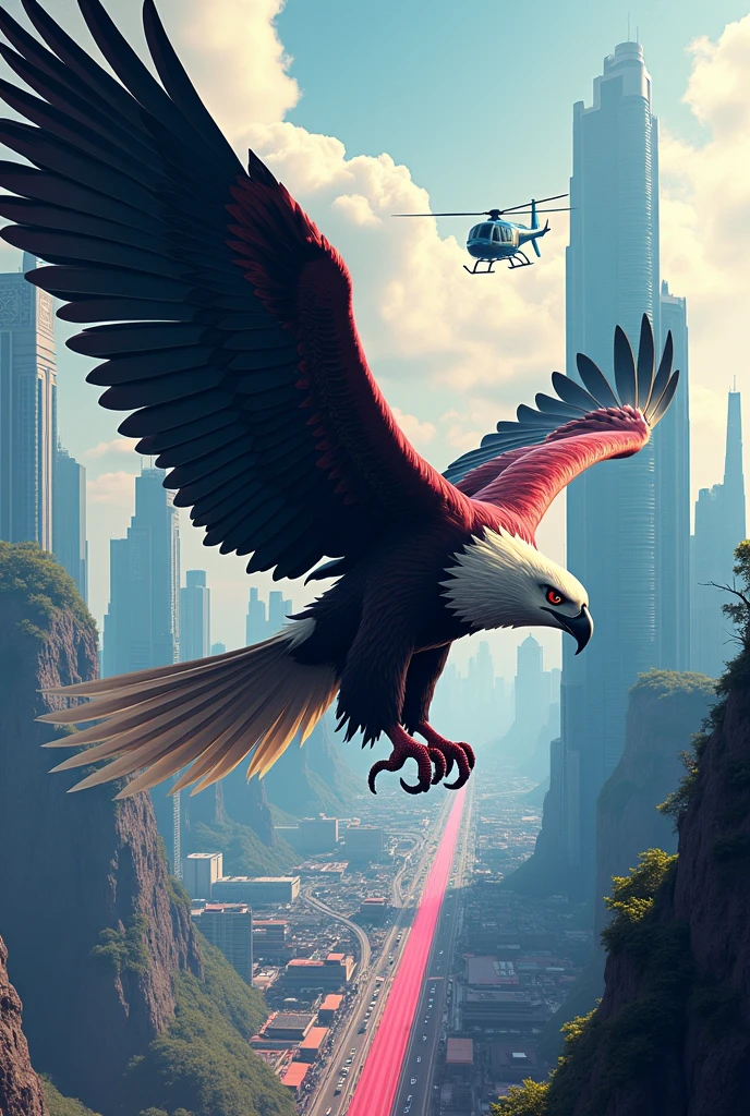 Stylized eagle mega city and helicopter in the background with the name @aguia85ce