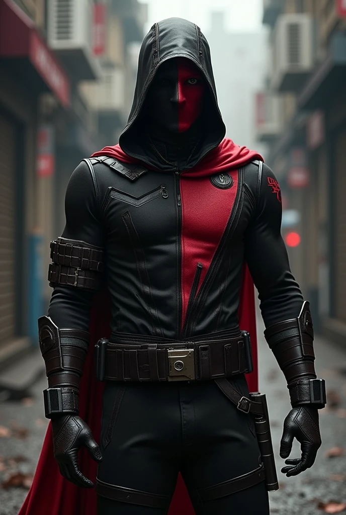 A mercenary anti-hero in a black and red uniform, in the uniform they have a tight mask