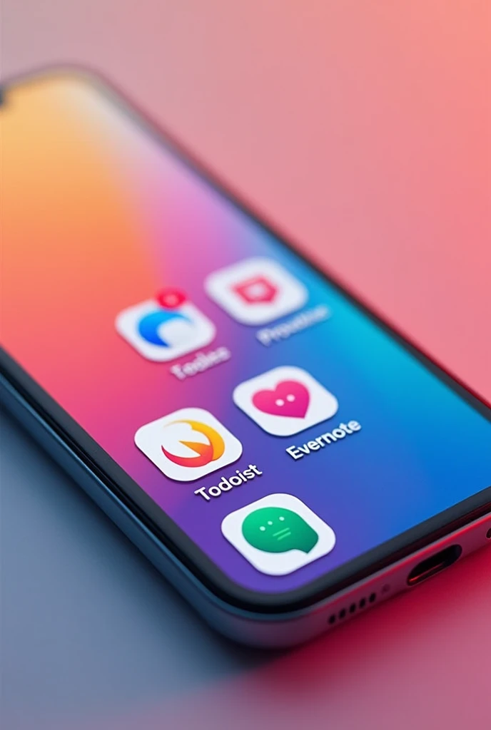 A smartphone screen showing an organized desktop background with app icons visible. Includes Google calendar icons, todoist, Evernote and Microsoft To Do on the Home Screen. Clean, modern style with bright colors and sharp details