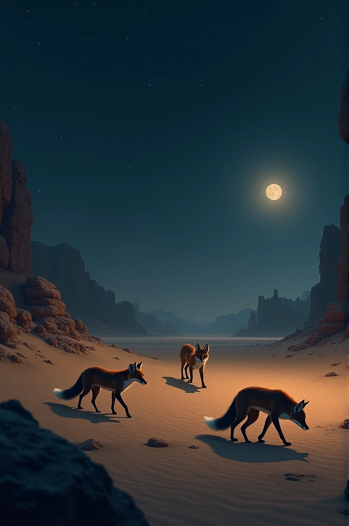 Realistic images of foxes stalking in a desert at night