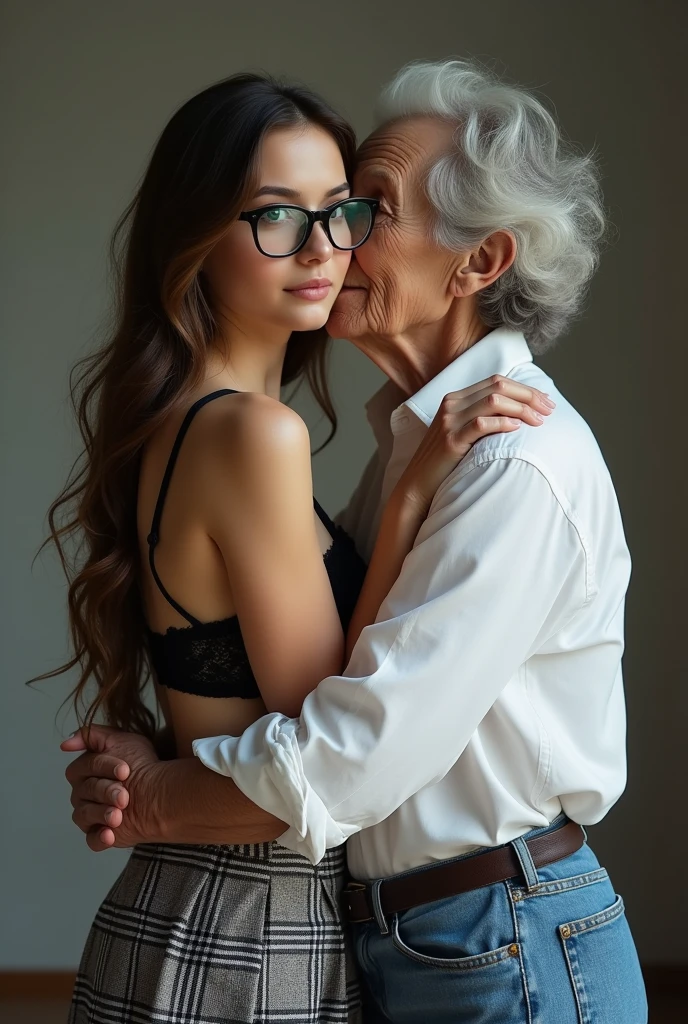Create a photo of a 30 year old woman, with a slender and beautiful body, wearing a white shirt, braless with bare breasts and wearing pink sweatpants, with white and clear skin, with long light brown hair wearing prescription glasses, and is being wrapped up sitting on the lap of an elderly woman's legs, 90 years old, with dark black skin, did, obese, lowrise, who is wearing a white shirt and jeans.