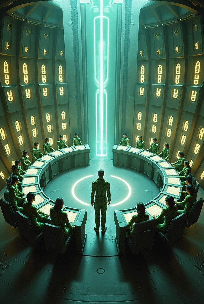 Futuristic circular command station with energy symbols and staff sitting at their stations with headsets, 13 male and female members and a leader assisting an agent, everyone will be wearing technological suits in shades of green with energy symbols in yellow. In the center the name Guardians of Energy 