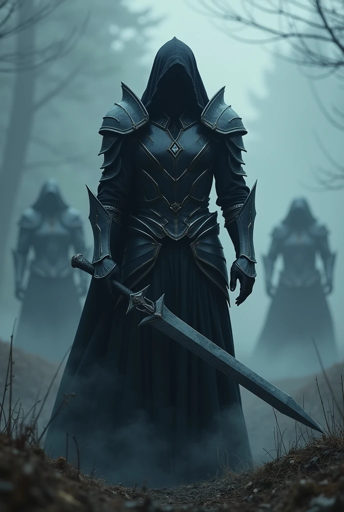 A mysterious character, en armure noire et argentée. His sword, dark and ethereal, seems to absorb light. It blends into a twilight landscape, surrounded by mists and ghostly silhouettes.High resolution, Best Quality, high quality,