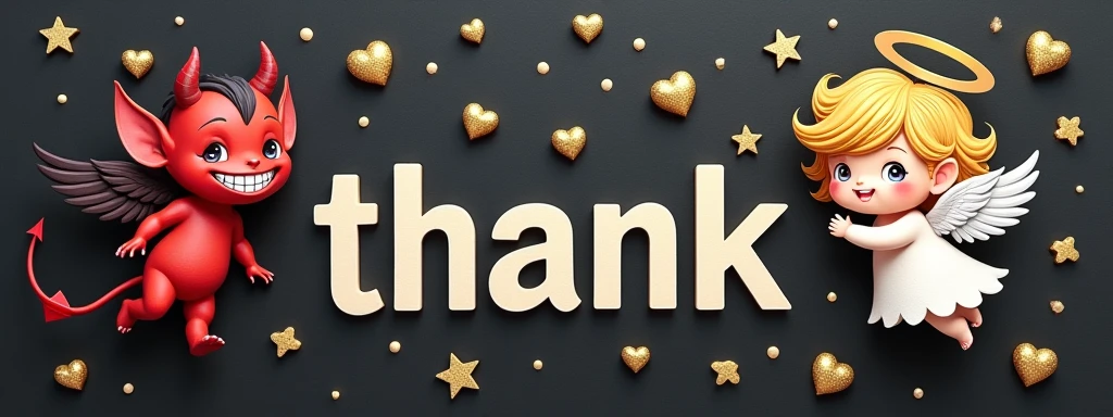 chibi, kawaii, cute, a devil with a wicked smile and an angel with a kind smile, with the word "Thanks" written between them, background black construction paper, golden hearts and shooting stars scattered all over